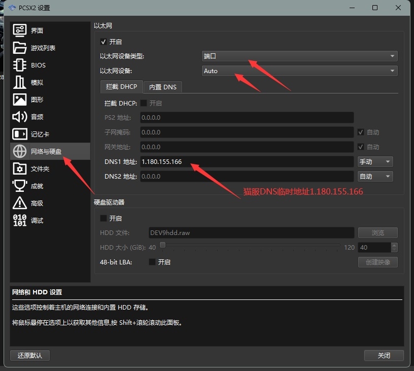 PCSX2 模拟器网络设置填写 DNS